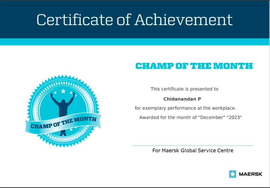 Champ of the Month certificate