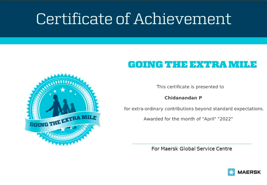 Going the Extra Mile certificate