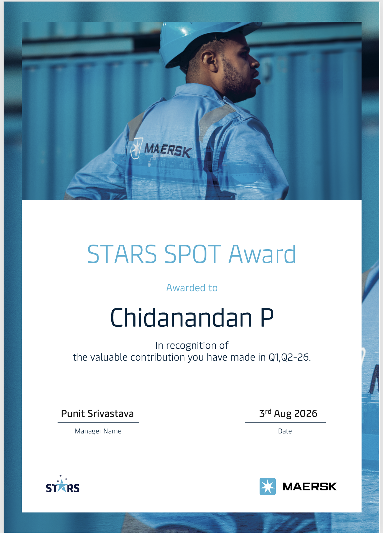 STARS SPOT Award certificate